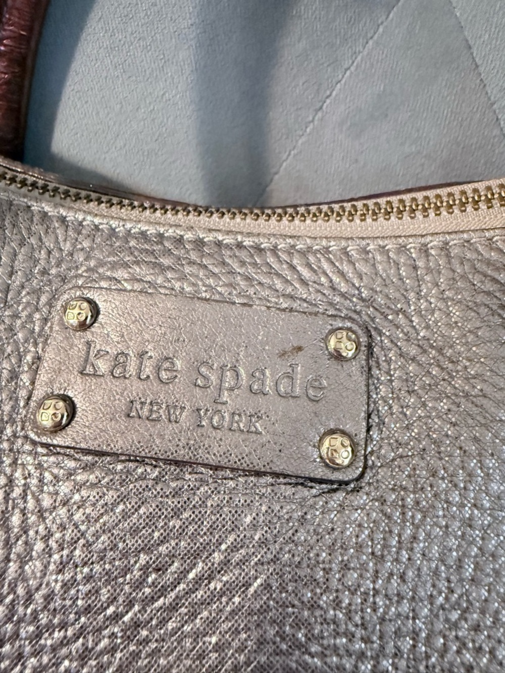 kate spade Metallic Gray Satchel with Brown Handles and Shoulder Strap - Picture 6 of 11